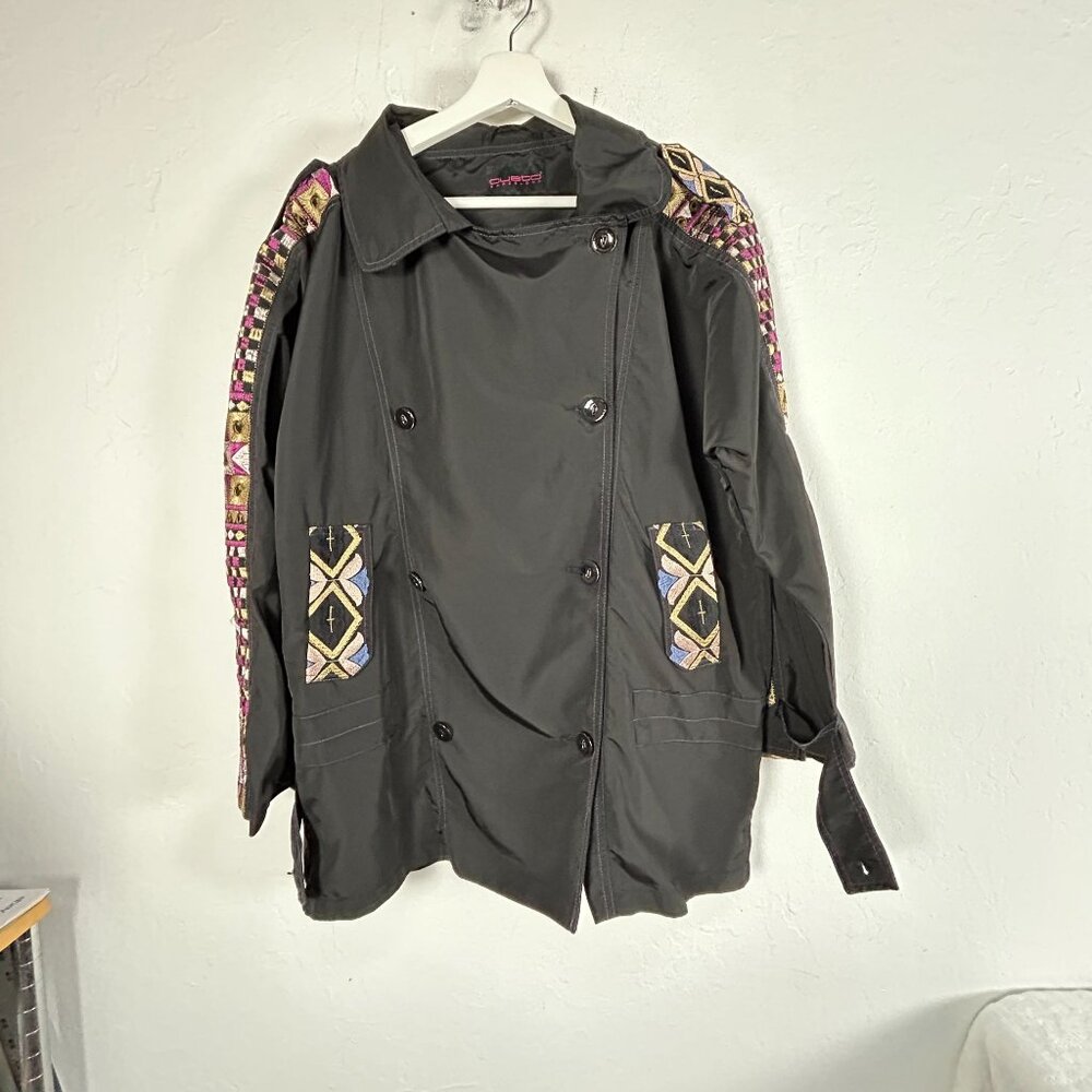 Custo Barcelona Women Black Embroidered Coat Jacket Large Double Breasted Button